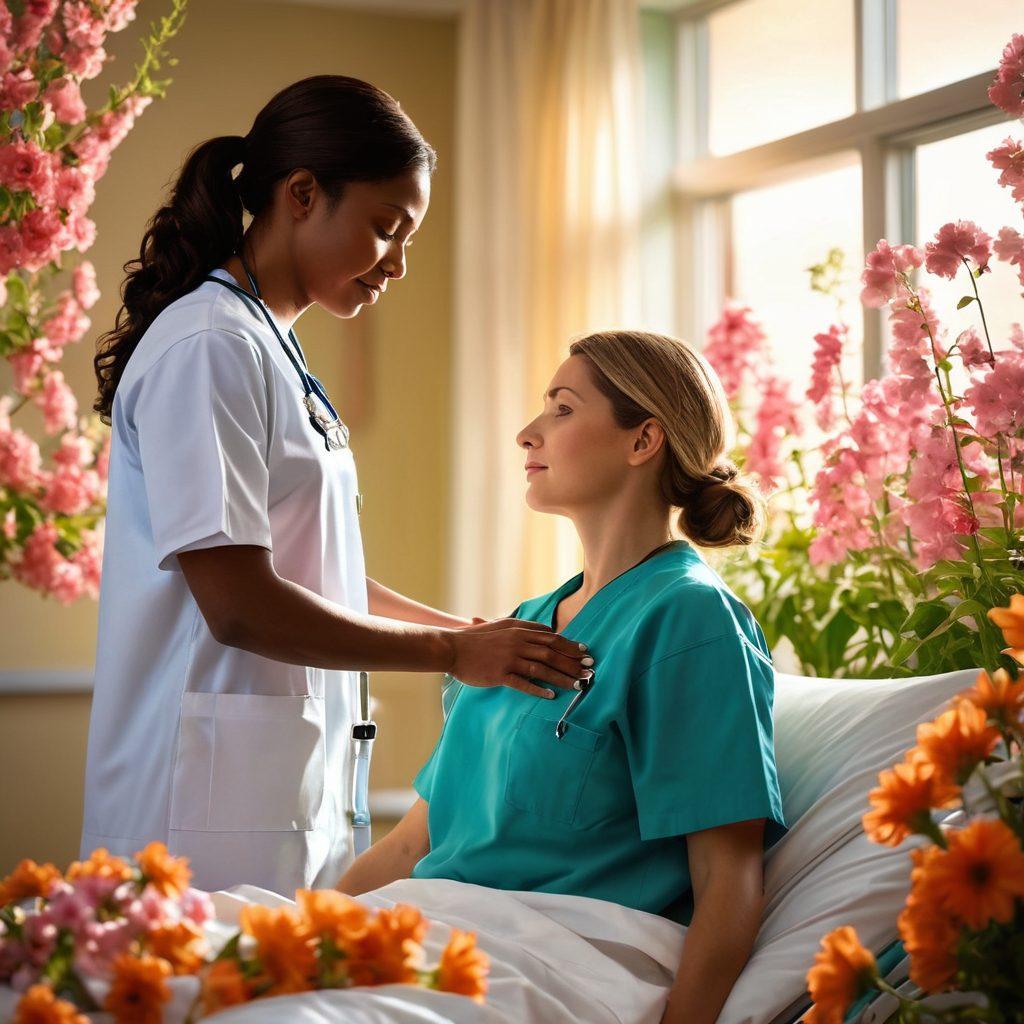 A serene hospital scene where a compassionate nurse is gently attending to a patient, showcasing warmth and empathy. In the background, healthcare professionals collaborate in harmony amidst blooming flowers symbolizing hope and care. Soft, diffused light enhances the feeling of safety and nurturing. super-realistic. vibrant colors. emotive atmosphere.