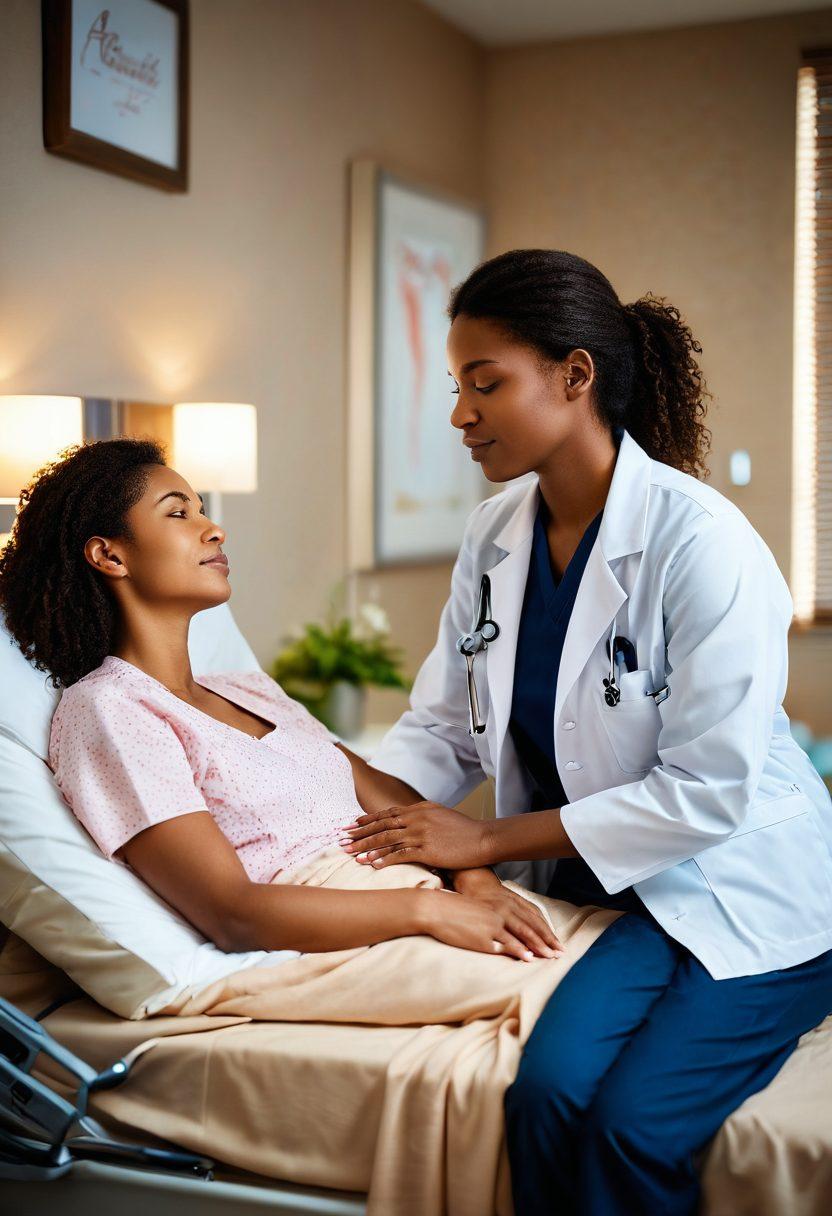 A compassionate healthcare professional gently comforting a patient in a serene hospital room, showcasing a warm connection and empathy. Soft, warm lighting illuminates the scene, highlighting the importance of emotional support. Include visual elements like a heart or comforting symbols in the background to represent affection's power. super-realistic. warm colors. soothing atmosphere.